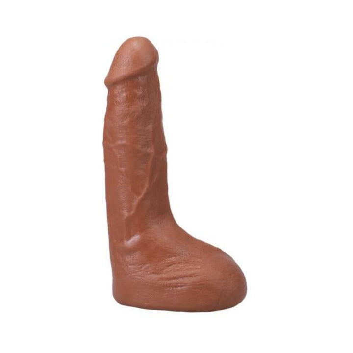 Caramel-colored realistic 9.5-inch dildo with textured veins and suction cup base for hands-free use.