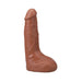 Caramel-colored realistic 9.5-inch dildo with textured veins and suction cup base for hands-free use.