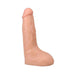 Vanilla-colored 9.5-inch realistic dildo with textured veins and suction cup base for hands-free use.