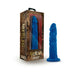 Blue dragon-themed silicone dildo with textured scales and flared base next to its brown and gold packaging box.