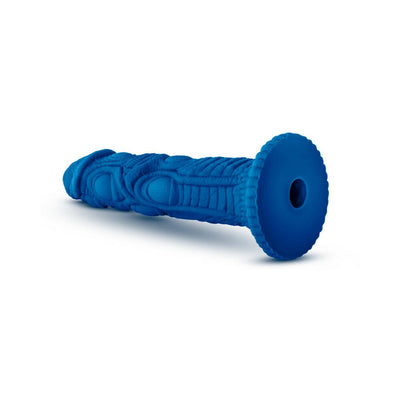Blue dragon-themed silicone dildo with textured surface and flared base designed for harness compatibility.