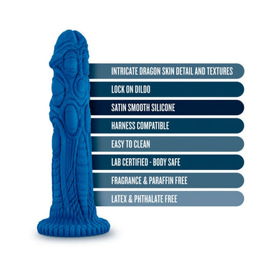 Blue silicone dildo with intricate dragon skin texture and flared base, highlighting features like harness compatibility and body-safe materials.
