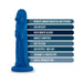Blue silicone dildo with intricate dragon skin texture and flared base, highlighting features like harness compatibility and body-safe materials.
