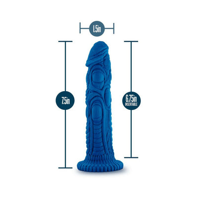 Blue silicone dildo with dragon scale texture, 7.5 inches long and 1.5 inches wide, featuring a flared base and detailed design.