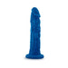 Blue silicone dildo with intricate dragon scale texture and flared base, standing upright on a white background.