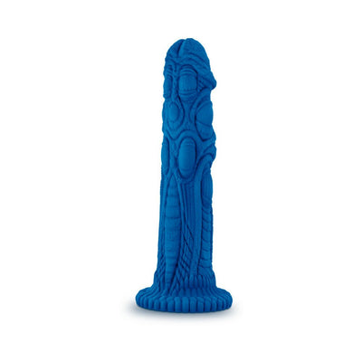 Blue silicone dildo with intricate dragon-scale texture and flared base, designed for versatile and safe use.