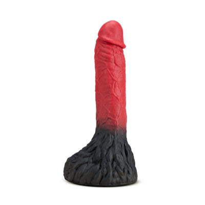 Red and black werewolf-themed silicone dildo with textured veins and a furry base design.