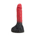 Red and black werewolf-themed silicone dildo with textured veins and a furry base design.