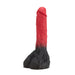 Red and black werewolf-themed dildo with textured shaft and furry base design on white background.