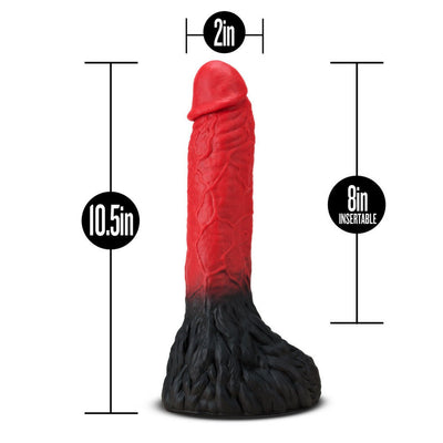 Red and black werewolf-themed dildo with detailed texture, measuring 10.5 inches long and 2 inches wide, with 8 inches insertable length.