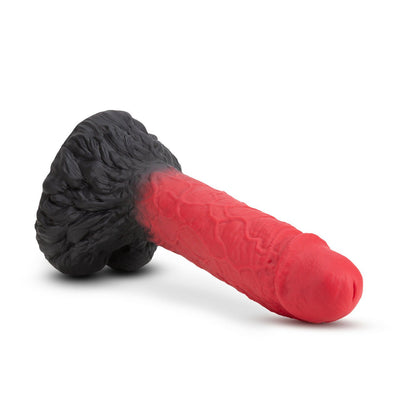 Red textured werewolf-themed dildo with black furry base designed for lock-on use, made of soft silicone.
