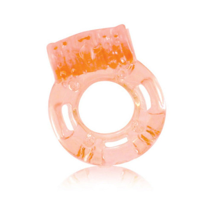 Translucent peach-colored vibrating ring with textured top for enhanced stimulation and stretchy fit design.