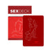 The Sex Deck card set with a red box and a card illustrating position 37, The Wheelbarrow, in white line art on a red background.