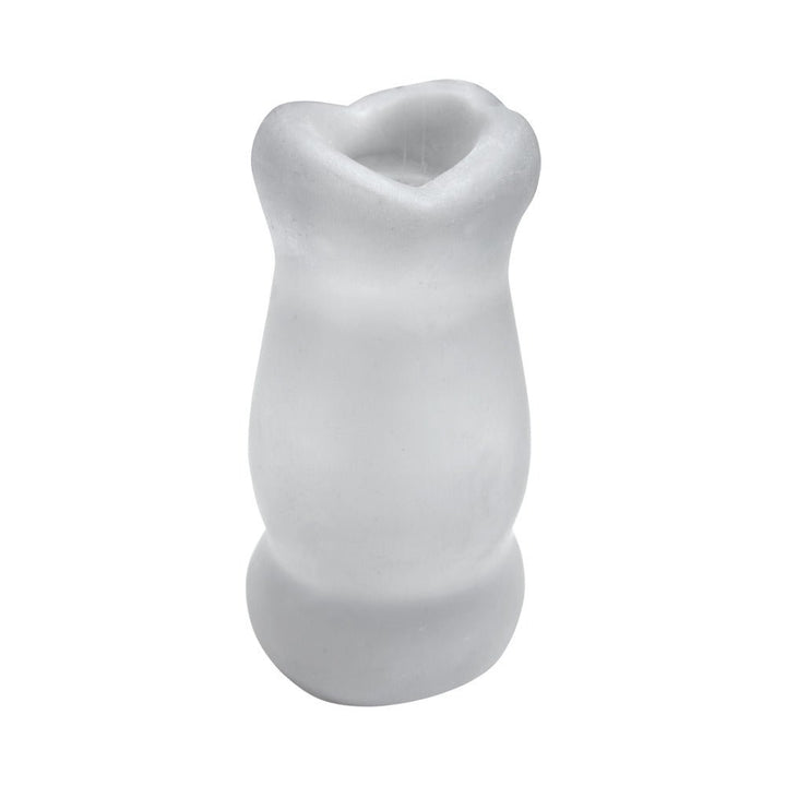 Clear translucent silicone Super Sucker Masturbator with soft, textured interior and ergonomic shape.