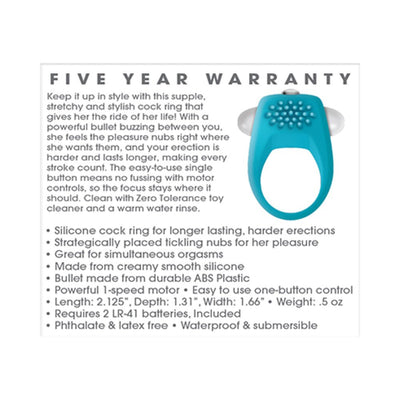 Teal silicone vibrating cock ring with tickling nubs and one-button control, shown with product features and five-year warranty details.