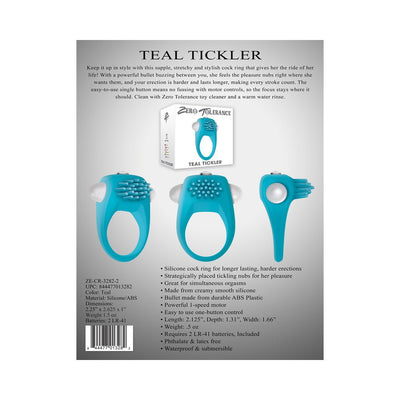 Teal silicone vibrating cock ring with tickling nubs shown from three angles alongside product box and feature details.