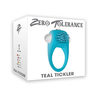 Packaging box of the Teal Tickler vibrating silicone cock ring with textured nubs and bullet vibrator shown on front.