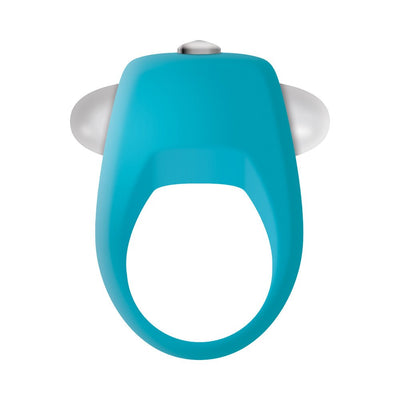 Teal silicone vibrating cock ring with dual silver bullet vibrators and a single-button control on top.