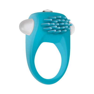 Teal silicone vibrating cock ring with textured nubs and white bullet vibrator accents.
