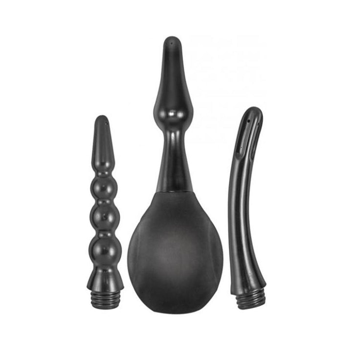 Black unisex douche kit with three interchangeable attachments: smooth, beaded, and plug-style for versatile use.