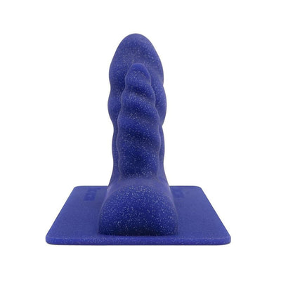 Blue speckled silicone dual-pronged attachment with textured shafts on a flat base for The Unicorn and The Cowgirl machines.