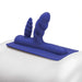 Blue silicone dual attachment with textured swirly heads designed for double penetration, shown on a white surface.