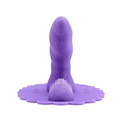 Purple silicone Uni Horn attachment with textured base and angled, sparkly shaft for targeted stimulation.