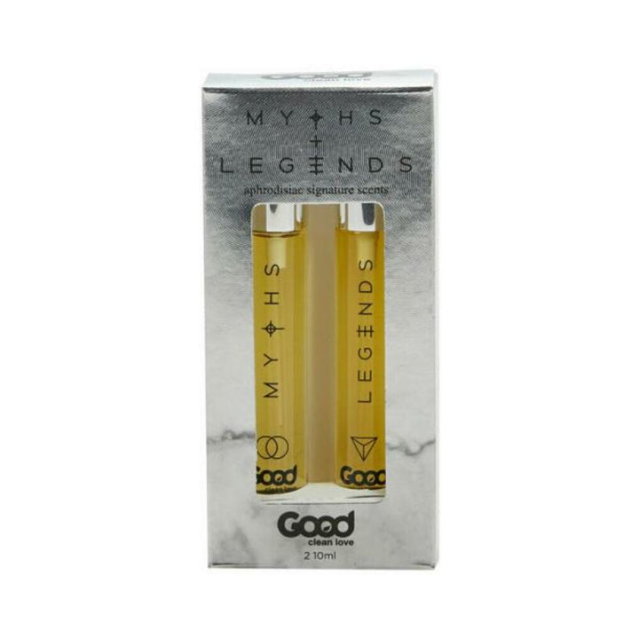 Two 10ml vials of Good Clean Love aphrodisiac signature scents in silver and marble packaging labeled Myths and Legends.