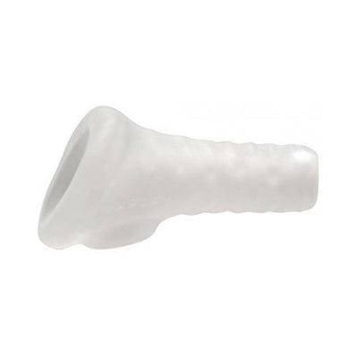 Translucent textured silicone sleeve with open tip design for enhanced girth and sensation.