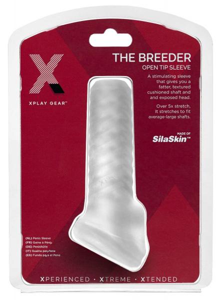 The Xplay Breeder Sleeve in clear textured silicone blend packaging with open tip design for enhanced stimulation.
