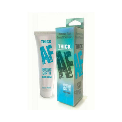 Tube and box packaging of Thick AF Girth Cream for him, designed to improve girth and enhance sexual pleasure.
