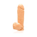 Beige 9-inch realistic dildo with textured shaft, balls, and suction cup base for hands-free use.
