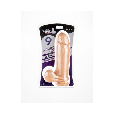 Beige 9-inch realistic dildo with suction cup and balls in clear retail packaging labeled The Mondo.