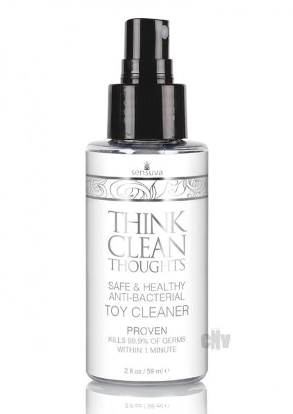 2 fl oz bottle of Sensuva Think Clean Thoughts antibacterial toy cleaner with spray nozzle and white label.