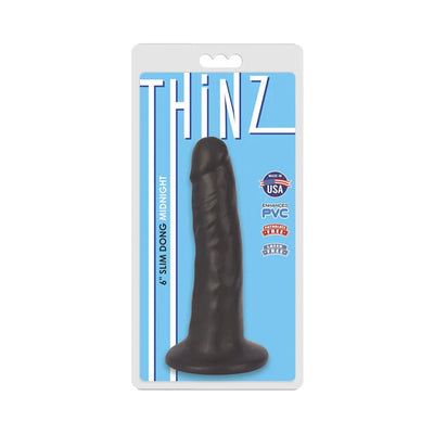 Thinz 6-inch slim black realistic dong with suction cup base in retail packaging on blue background.
