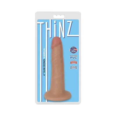 Thinz 6-inch slim realistic dong in vanilla color with suction cup base in retail packaging on blue background.