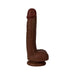 Slim realistic dark brown dildo with suction cup base and detailed texture standing upright on white background.