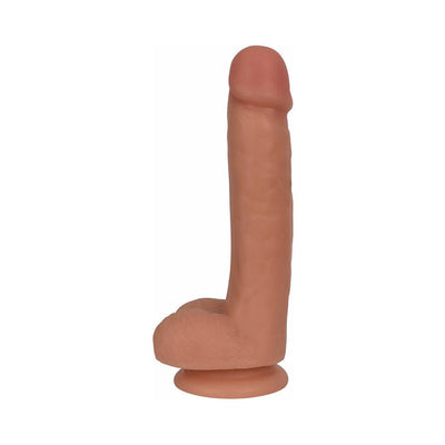 Slim realistic dildo with suction cup base and detailed texture in natural skin tone.