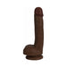 Slim realistic dark brown dildo with suction cup base and detailed texture.