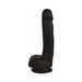 Slim black realistic dildo with textured balls and suction cup base for hands-free use.