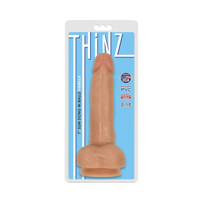 Thinz 7-inch slim realistic dong with balls in vanilla color, packaged with suction cup base, made from enhanced PVC.