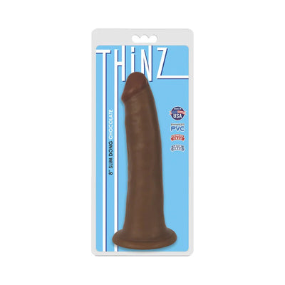 Chocolate-colored 8-inch slim dong with suction base in blue and white Thinz packaging.