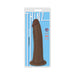 Chocolate-colored 8-inch slim dong with suction base in blue and white Thinz packaging.