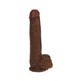 Thinz 8-inch slim realistic dark brown dong with detailed balls and suction cup base standing upright on white background.