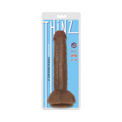 Thinz 8-inch slim chocolate-colored dong with suction cup and detailed balls in retail packaging.
