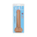 Thinz 8-inch slim vanilla-colored dong with detailed balls and suction cup base in clear retail packaging.