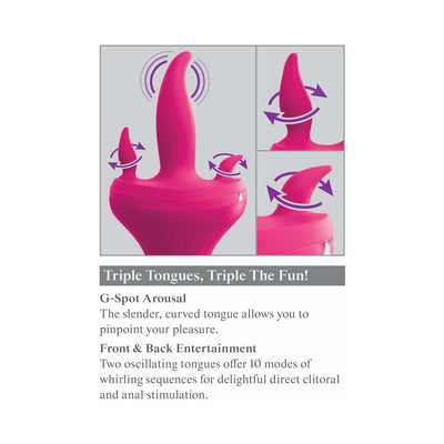 Pink triple-tongue vibrator with curved central tongue and two oscillating side tongues for targeted stimulation.