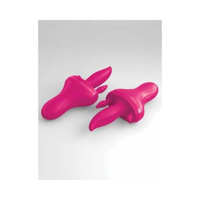 Two red multi-function silicone intimate massagers with ergonomic design on a light background.