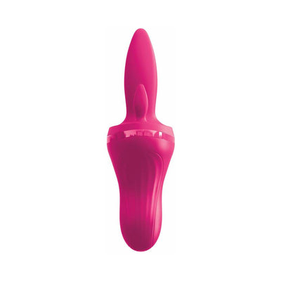 Sleek red multi-function intimate massager with dual stimulation tips and ergonomic handle design.