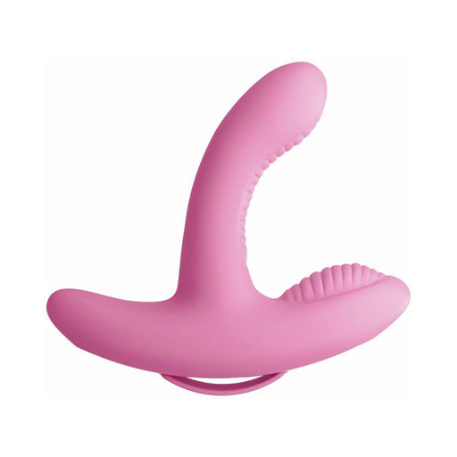 Pink silicone dual-motor vibrator with textured curved design and wireless remote control loop.